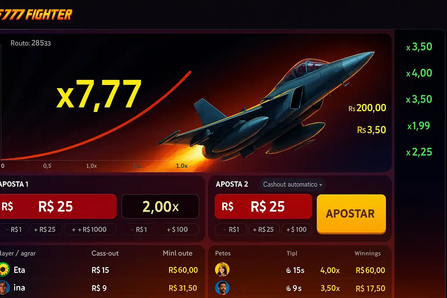 A interface do slot F777 Fighter mostra um jato em voo com uma curva de multiplicador de x7,77, opções de aposta e uma lista de apostas e ganhos dos jogadores.