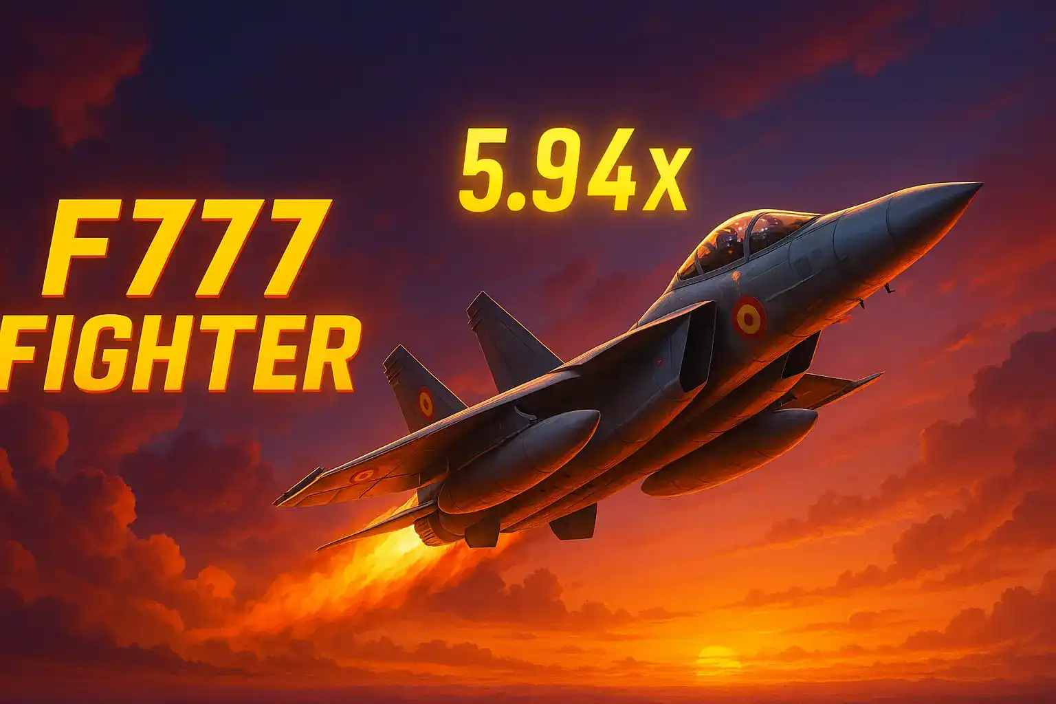Um caça moderno decola em um céu ao pôr do sol com uma trilha de fogo, enquanto o texto F777 Fighter e um multiplicador de 5,94x são exibidos em destaque.