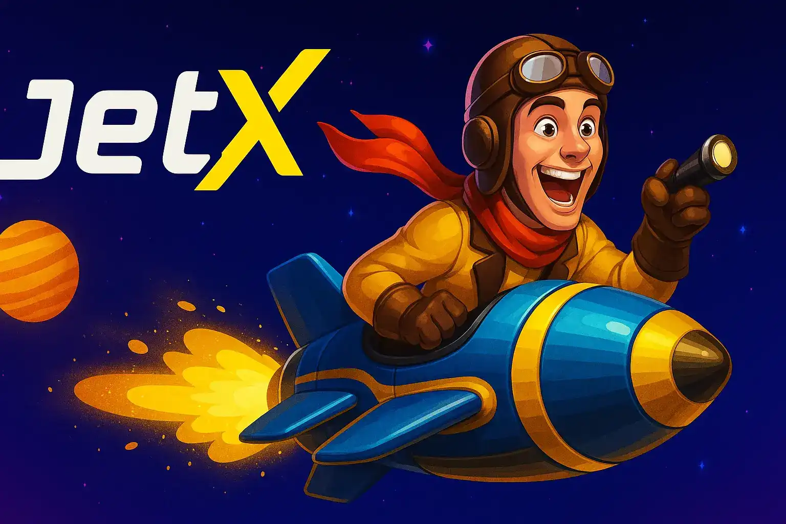Um homem animado com traje de piloto monta um foguete azul desenhado em estilo cartoon através do espaço com planetas ao fundo e o logotipo JetX acima.