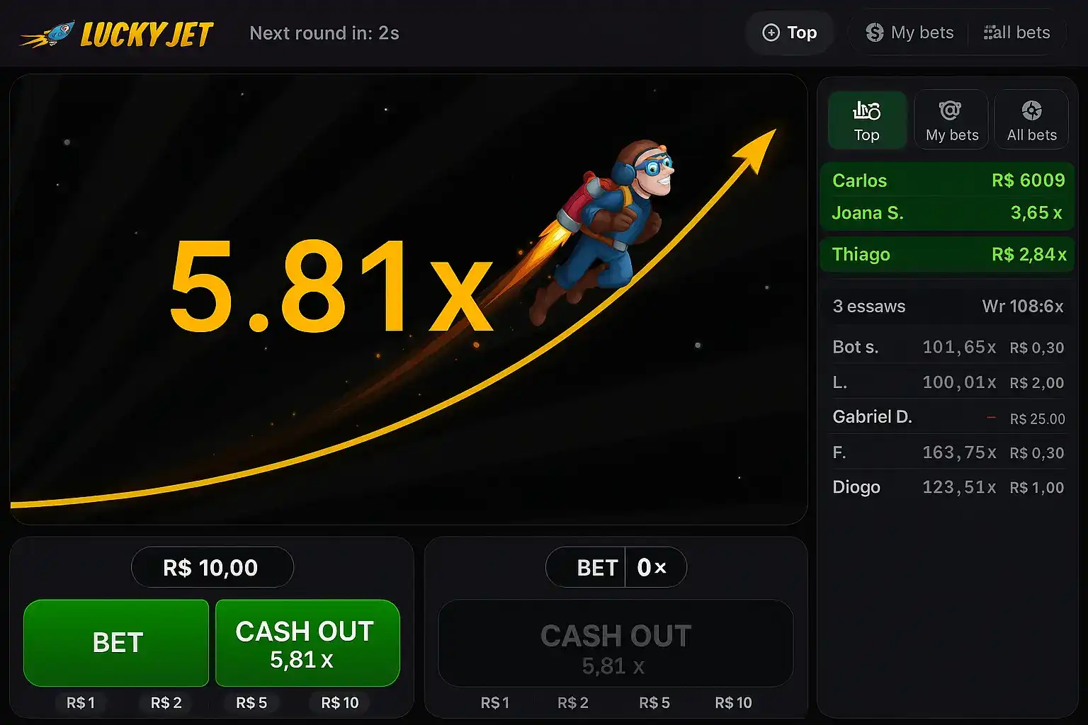 A interface do jogo Lucky Jet mostra um personagem voando com multiplicador de 5,81x, um botão amarelo de saque e um placar com pontuações dos jogadores.