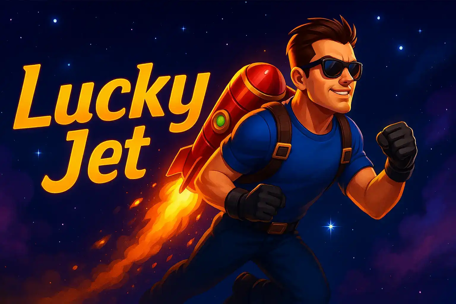 Um homem confiante com óculos escuros e roupa azul voa pelo espaço com um jetpack vermelho, com o título Lucky Jet brilhando ao lado dele.