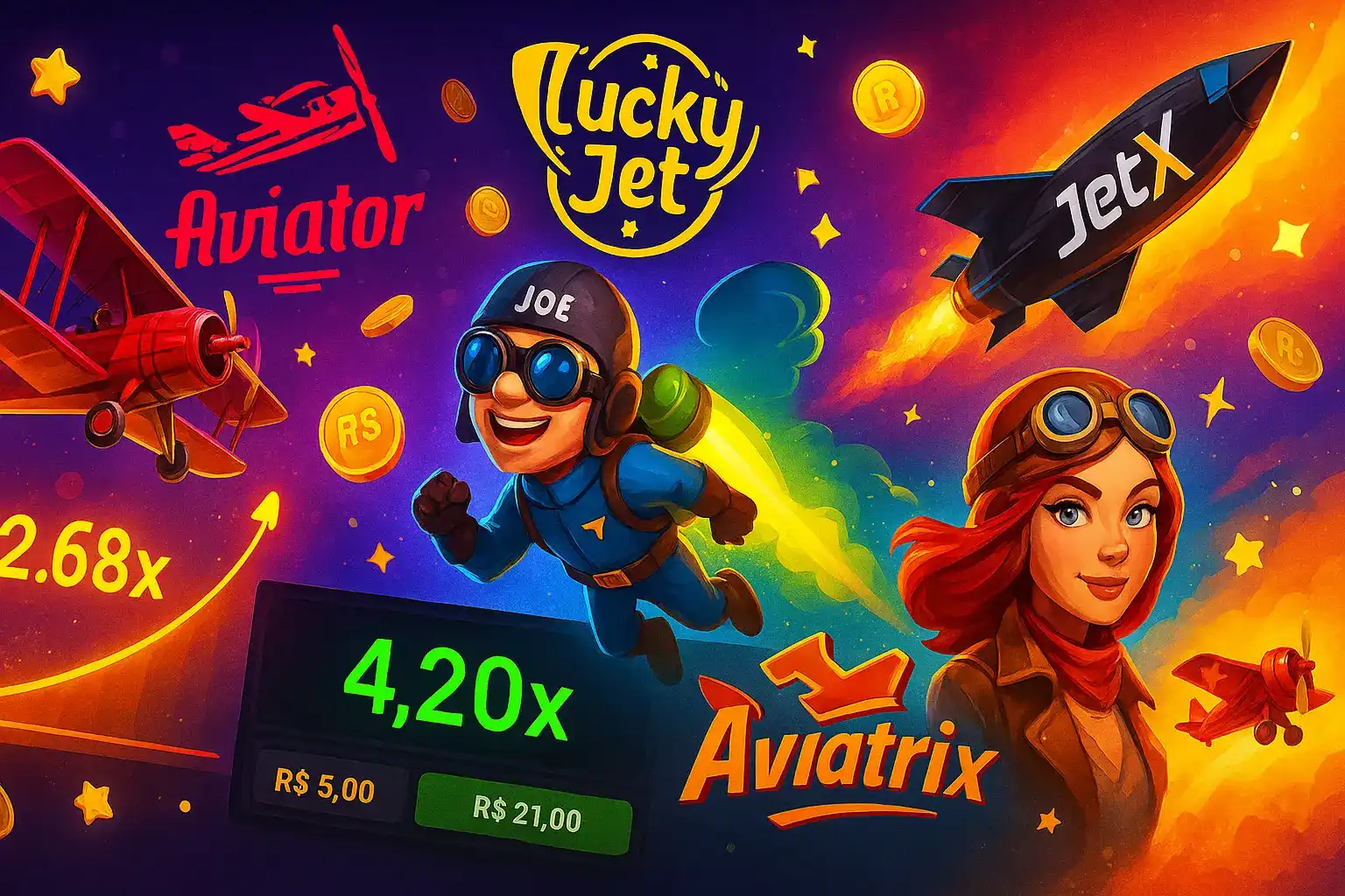 Ilustração colorida de pilotos animados voando com jetpacks e aviões, apresentando jogos crash como Aviator, Lucky Jet, JetX e Aviatrix com moedas voando e estatísticas do jogo.