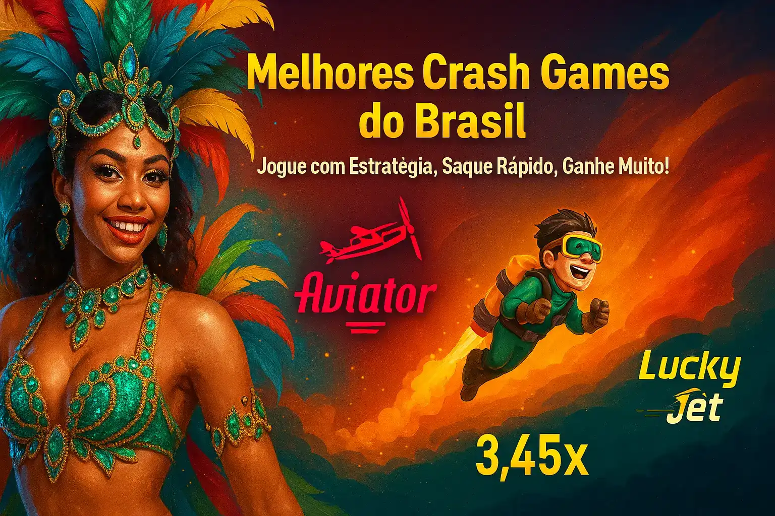 Uma dançarina de samba sorridente com uma fantasia colorida de penas está ao lado de um garoto animado voando com um jetpack, promovendo jogos crash como Aviator e Lucky Jet.