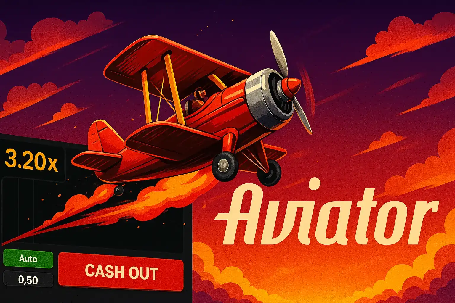 Um biplano vermelho voa por um céu alaranjado ao pôr do sol com rastros de fumaça, mostrando gráficos do jogo Aviator e um botão de saque.