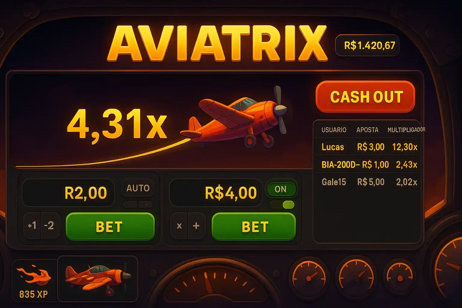 A interface do jogo Aviatrix mostra um avião vermelho subindo com multiplicador de 4,31x, controles de aposta e um placar com nomes de jogadores e ganhos.