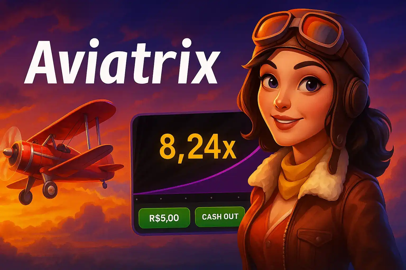 Uma piloto sorridente com jaqueta de couro e óculos de aviador está ao lado de um biplano vermelho e uma exibição digital de multiplicador marcando 8,24x, com botão de saque abaixo.